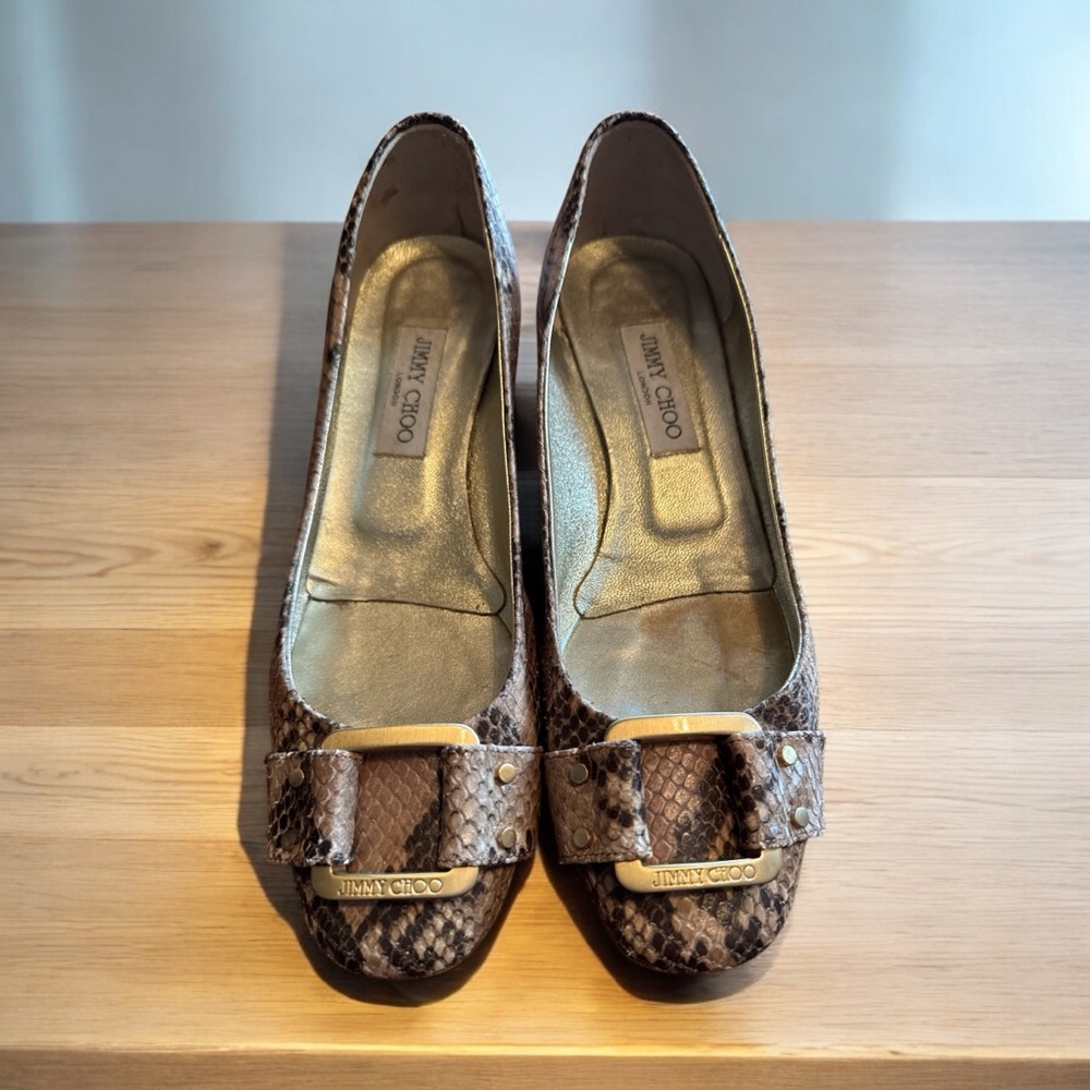 $400+ Designer Jimmy Choo Snakeskin mid height block heels. Size 40 US 9